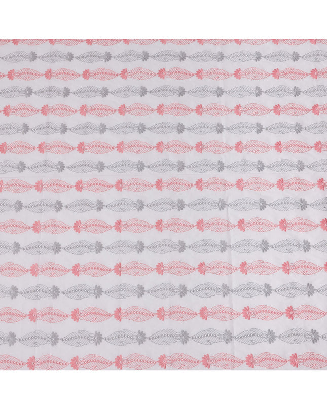 White Cotton Voile Embroidery Fabric with Pink and Grey Floral Leaf Design, 110 Cms Width, India-D25295