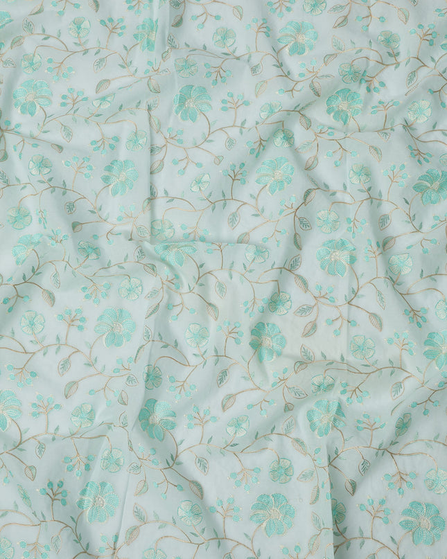 Aqua Blue Floral Embroidered Cotton Voile Fabric, 110 Cms Width, India-D25194