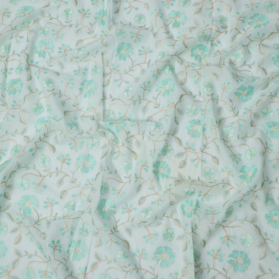 قماش فوال قطني مطرز بنقشة زهور باللون الأزرق المائي، عرض 110 سم، الهند - D25194