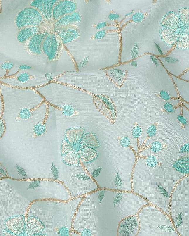 Aqua Blue Floral Embroidered Cotton Voile Fabric, 110 Cms Width, India-D25194