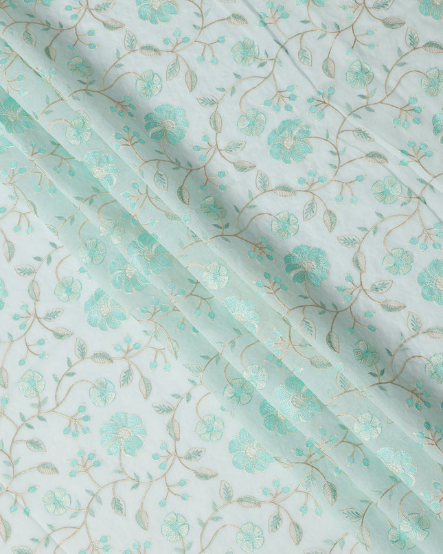 Aqua Blue Floral Embroidered Cotton Voile Fabric, 110 Cms Width, India-D25194