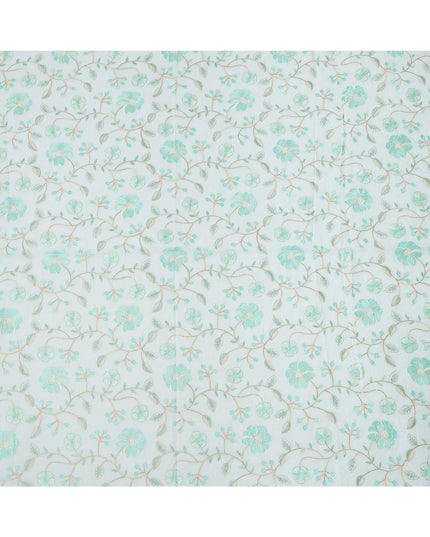 قماش فوال قطني مطرز بنقشة زهور باللون الأزرق المائي، عرض 110 سم، الهند - D25194