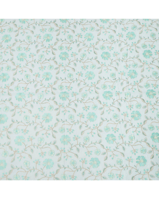 Aqua Blue Floral Embroidered Cotton Voile Fabric, 110 Cms Width, India-D25194
