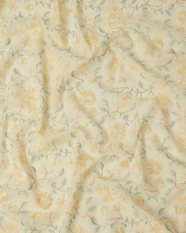 Light Yellow Cotton Voile Golden Floral Embroidery Fabric, Width 110 Cms, India-D25311