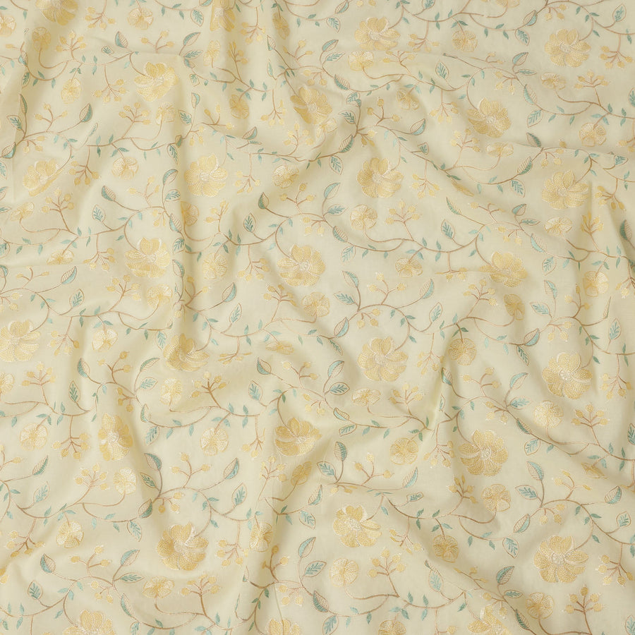 قماش فوال قطني أصفر فاتح مطرز بزهور ذهبية، عرض 110 سم، الهند - D25311