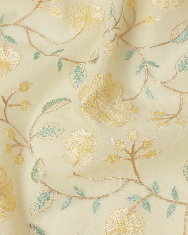 Light Yellow Cotton Voile Golden Floral Embroidery Fabric, Width 110 Cms, India-D25311