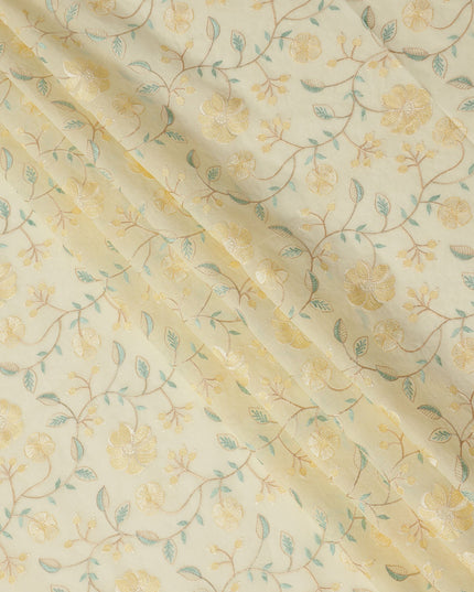 قماش فوال قطني أصفر فاتح مطرز بزهور ذهبية، عرض 110 سم، الهند - D25311