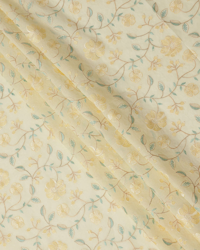Light Yellow Cotton Voile Golden Floral Embroidery Fabric, Width 110 Cms, India-D25311