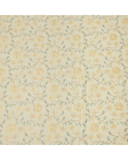 قماش فوال قطني أصفر فاتح مطرز بزهور ذهبية، عرض 110 سم، الهند - D25311