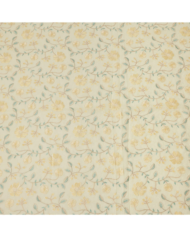 Light Yellow Cotton Voile Golden Floral Embroidery Fabric, Width 110 Cms, India-D25311