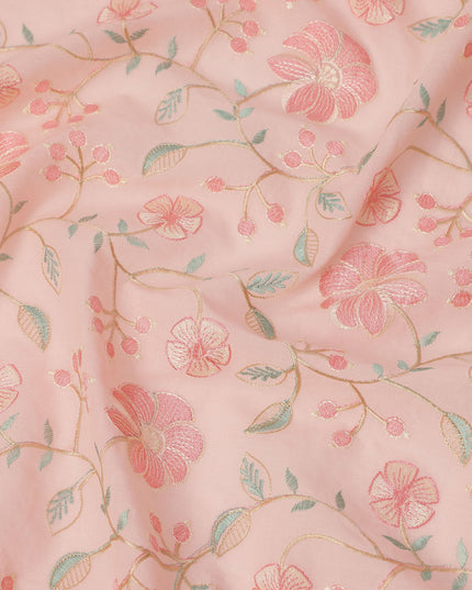 Blush Pink Cotton Voile Floral Embroidery Fabric, Width 110 Cms, India-D25312 Regal Fabrics