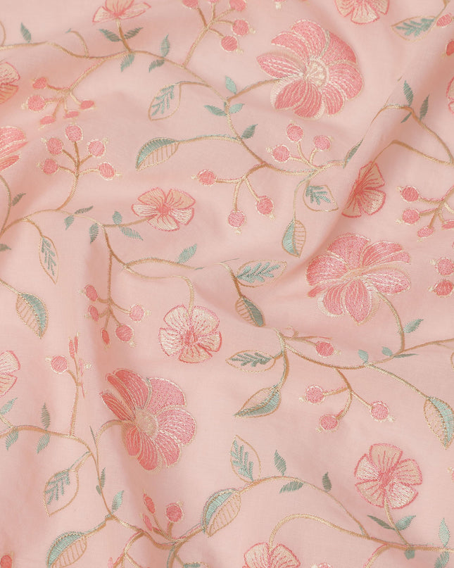 Blush Pink Cotton Voile Floral Embroidery Fabric, Width 110 Cms, India-D25312