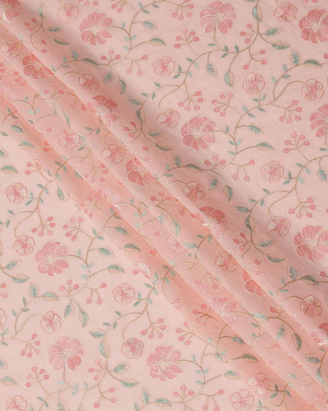 Blush Pink Cotton Voile Floral Embroidery Fabric, Width 110 Cms, India-D25312