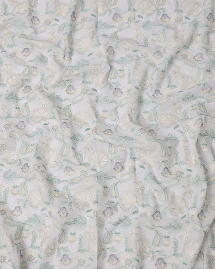 White and Grey Floral Leaf Embroidered Cotton Voile Fabric, 110 Cms Width, India-D25196