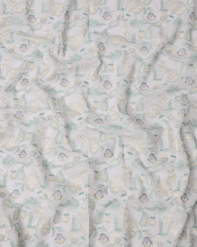White and Grey Floral Leaf Embroidered Cotton Voile Fabric, 110 Cms Width, India-D25196