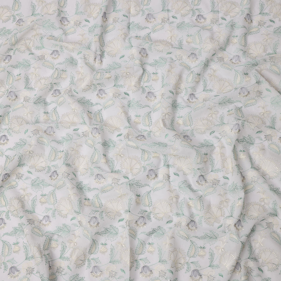 White and Grey Floral Leaf Embroidered Cotton Voile Fabric, 110 Cms Width, India-D25196