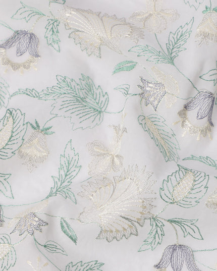 White and Grey Floral Leaf Embroidered Cotton Voile Fabric, 110 Cms Width, India-D25196