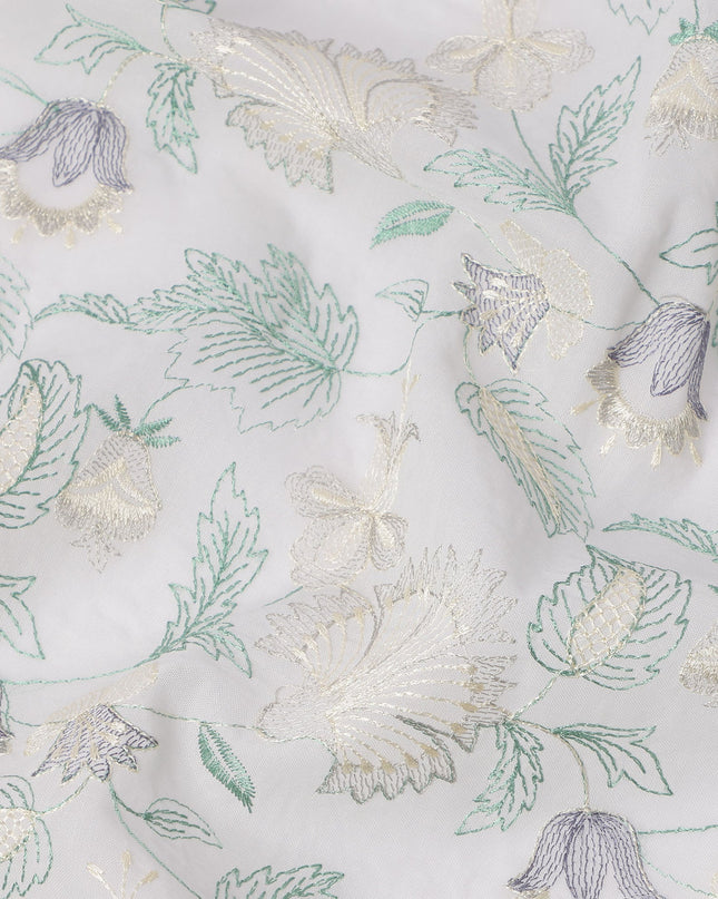 White and Grey Floral Leaf Embroidered Cotton Voile Fabric, 110 Cms Width, India-D25196