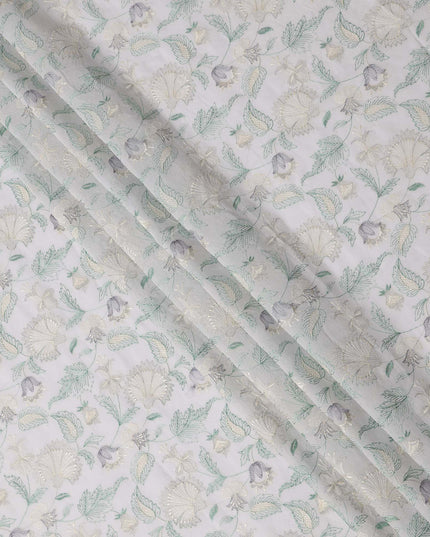 White and Grey Floral Leaf Embroidered Cotton Voile Fabric, 110 Cms Width, India-D25196