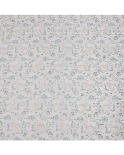 White and Grey Floral Leaf Embroidered Cotton Voile Fabric, 110 Cms Width, India-D25196