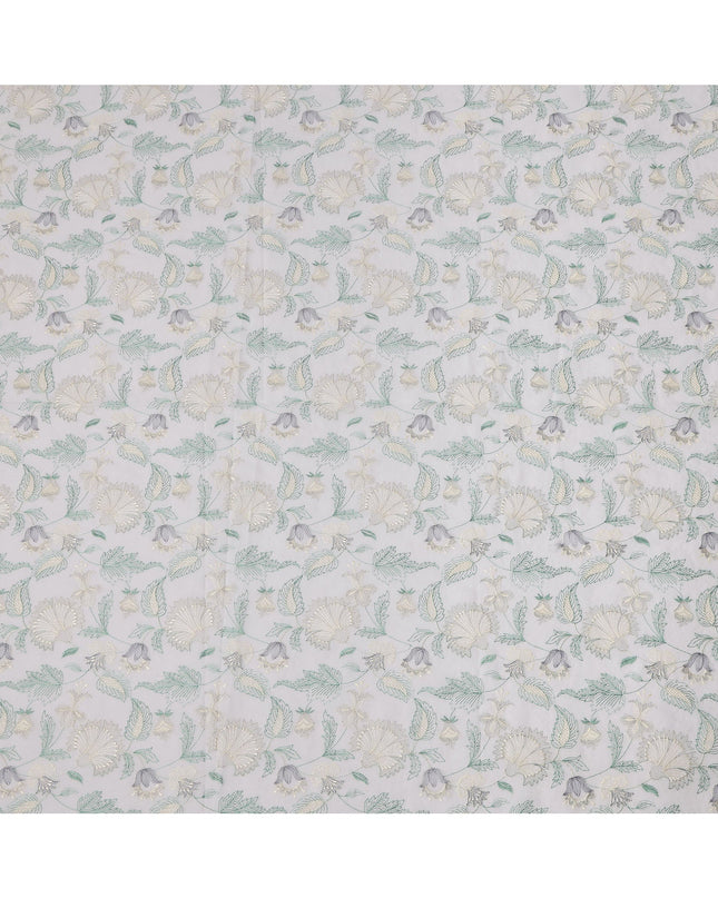 White and Grey Floral Leaf Embroidered Cotton Voile Fabric, 110 Cms Width, India-D25196