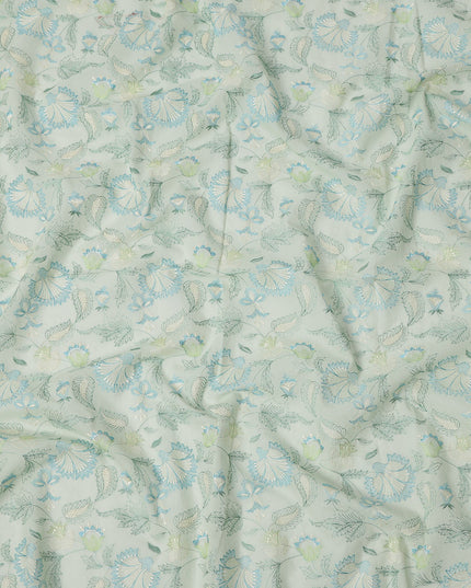 Mint Green Floral Embroidered Cotton Voile Fabric, 110 Cms Width, India-D25190