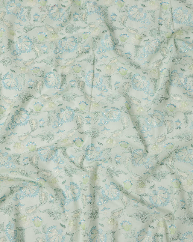 Mint Green Floral Embroidered Cotton Voile Fabric, 110 Cms Width, India-D25190