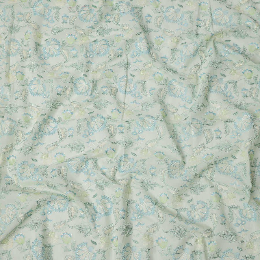 Mint Green Floral Embroidered Cotton Voile Fabric, 110 Cms Width, India-D25190