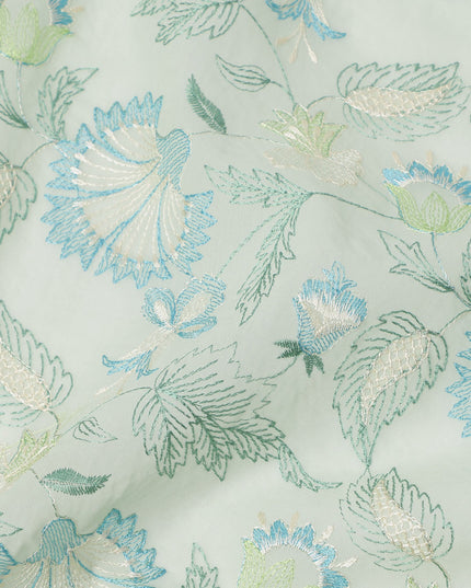 Mint Green Floral Embroidered Cotton Voile Fabric, 110 Cms Width, India-D25190