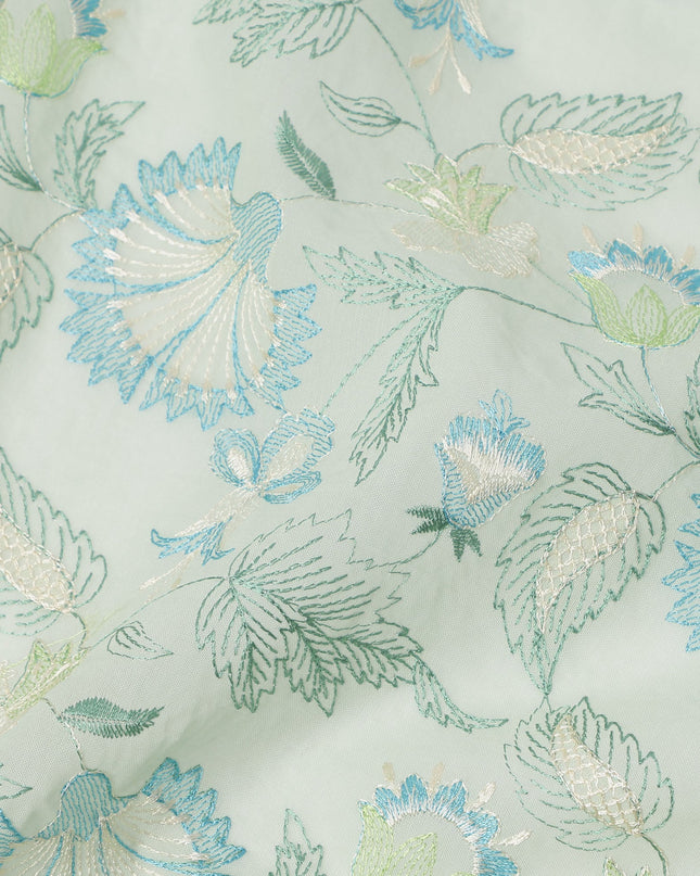 Mint Green Floral Embroidered Cotton Voile Fabric, 110 Cms Width, India-D25190