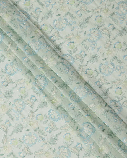 Mint Green Floral Embroidered Cotton Voile Fabric, 110 Cms Width, India-D25190