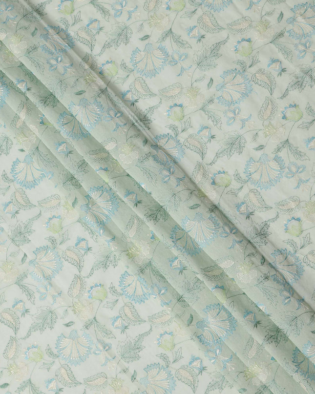 Mint Green Floral Embroidered Cotton Voile Fabric, 110 Cms Width, India-D25190