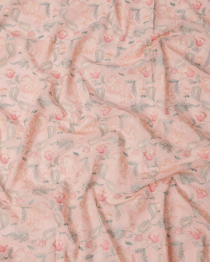 Peach Floral Embroidered Cotton Voile Fabric, 110 Cms Width, India-D25193
