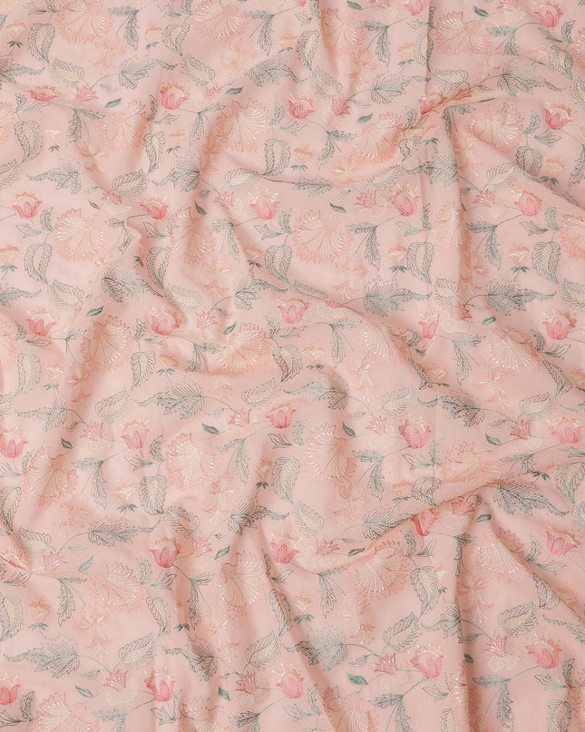 Peach Floral Embroidered Cotton Voile Fabric, 110 Cms Width, India-D25193