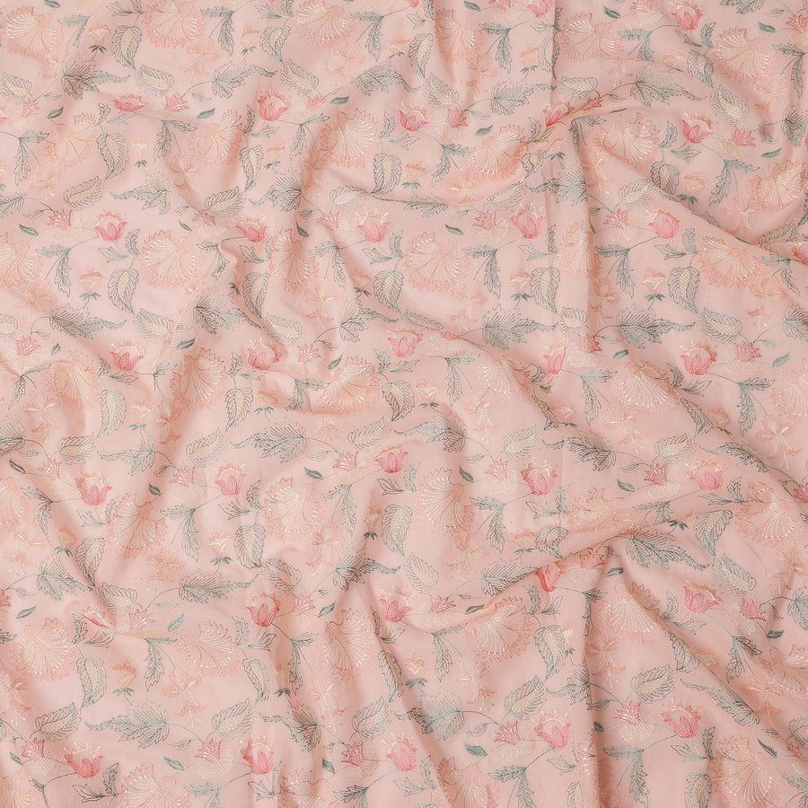 Peach Floral Embroidered Cotton Voile Fabric, 110 Cms Width, India-D25193