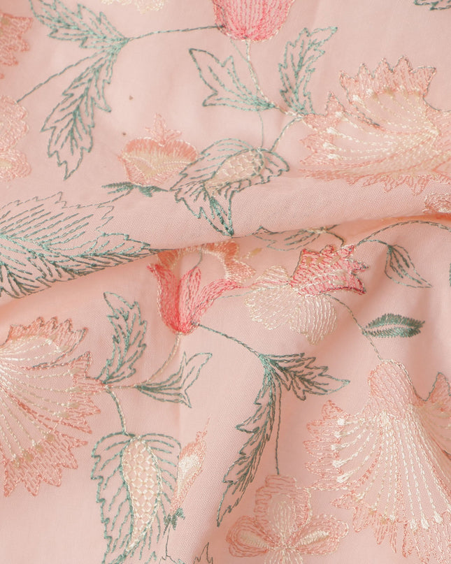 Peach Floral Embroidered Cotton Voile Fabric, 110 Cms Width, India-D25193