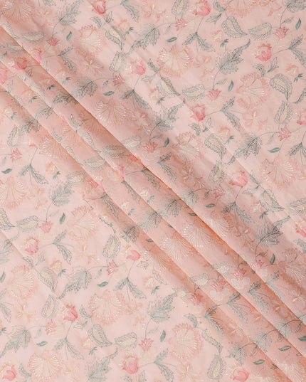 Peach Floral Embroidered Cotton Voile Fabric, 110 Cms Width, India-D25193