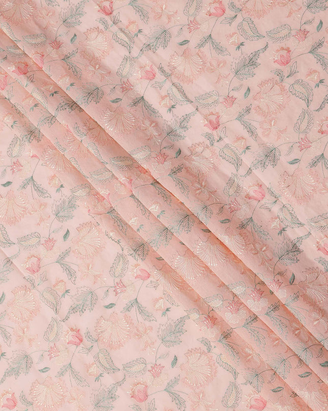 Peach Floral Embroidered Cotton Voile Fabric, 110 Cms Width, India-D25193