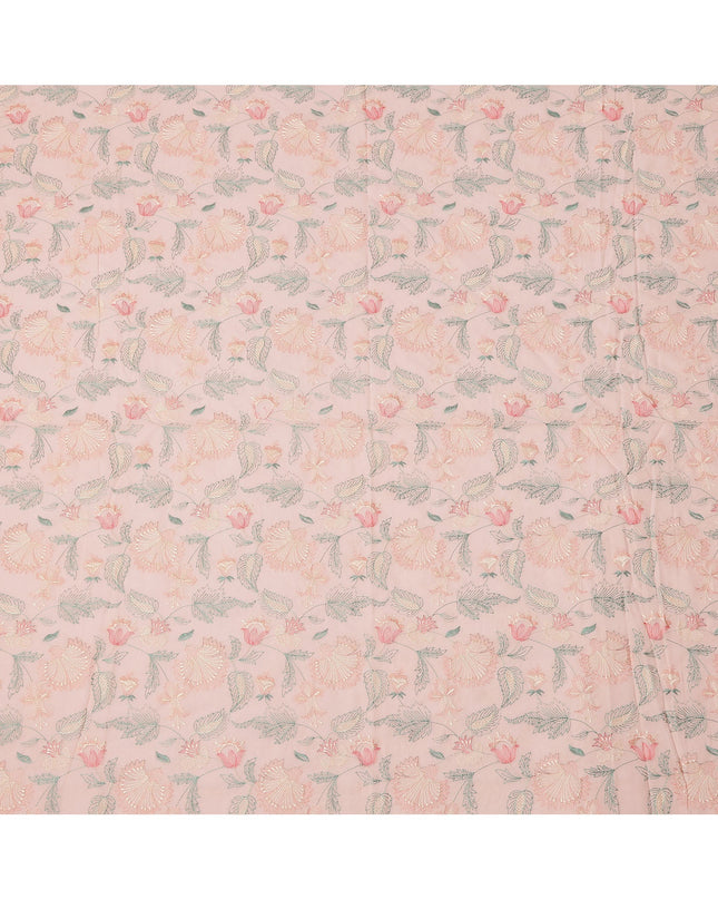 Peach Floral Embroidered Cotton Voile Fabric, 110 Cms Width, India-D25193