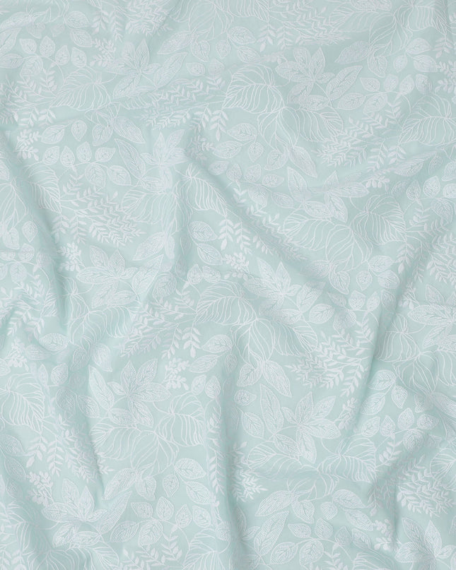 Mint Green Cotton Voile Embroidery Fabric with White Leaf Pattern Design, Width 110 Cms, India-D25306