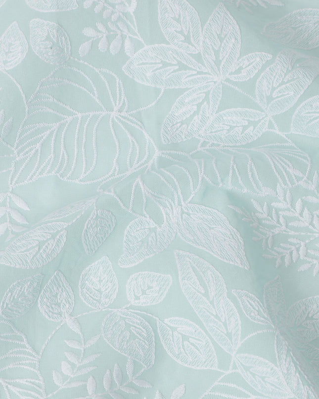 Mint Green Cotton Voile Embroidery Fabric with White Leaf Pattern Design, Width 110 Cms, India-D25306