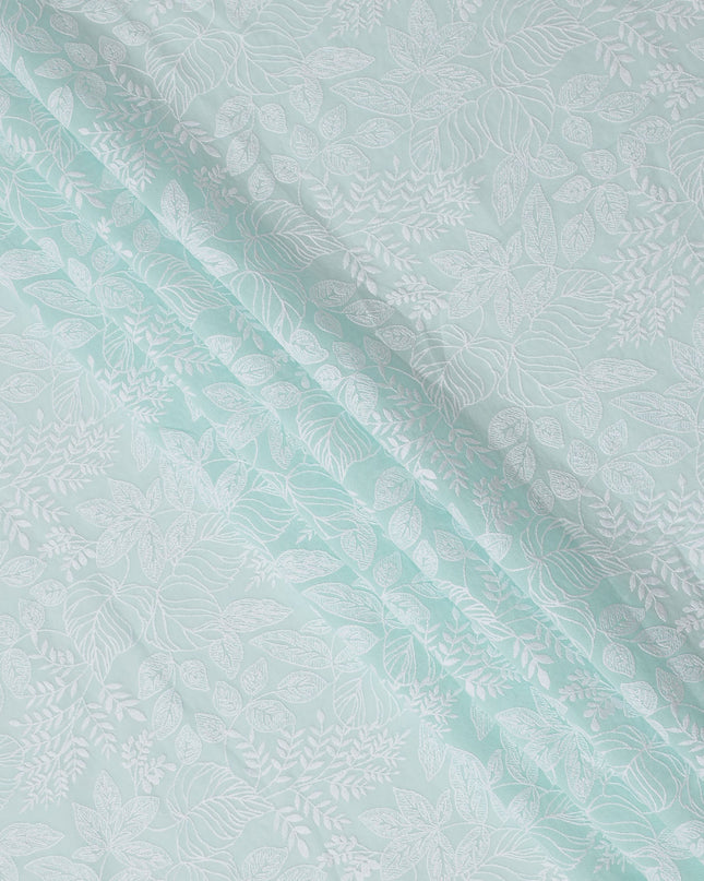 Mint Green Cotton Voile Embroidery Fabric with White Leaf Pattern Design, Width 110 Cms, India-D25306