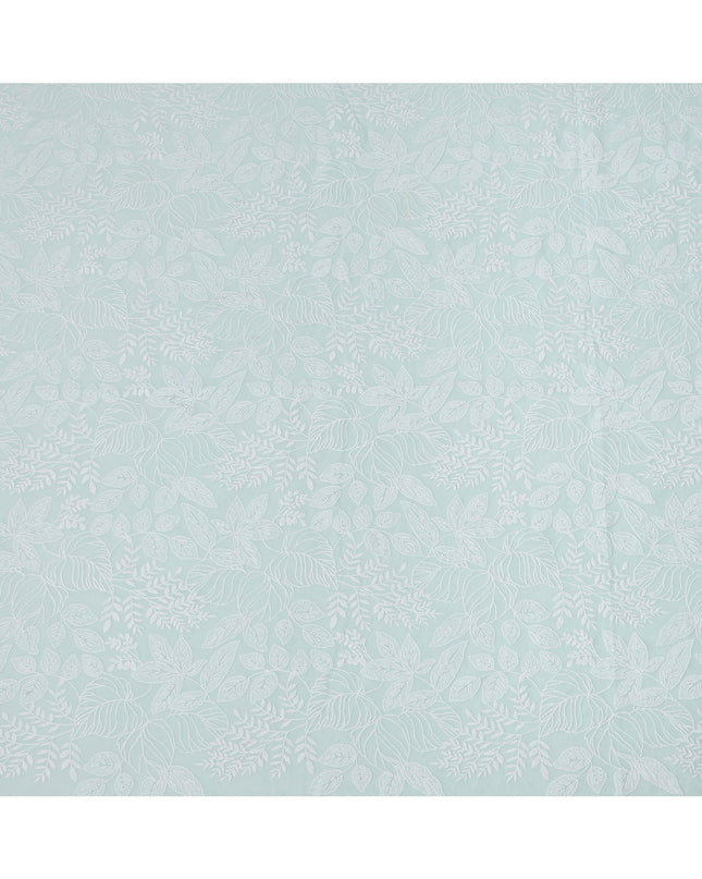 Mint Green Cotton Voile Embroidery Fabric with White Leaf Pattern Design, Width 110 Cms, India-D25306