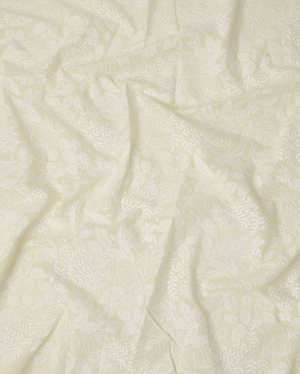 Cream Cotton Voile Leaf Embroidery Fabric, Width 110 Cms, India-D25307 Regal Fabrics