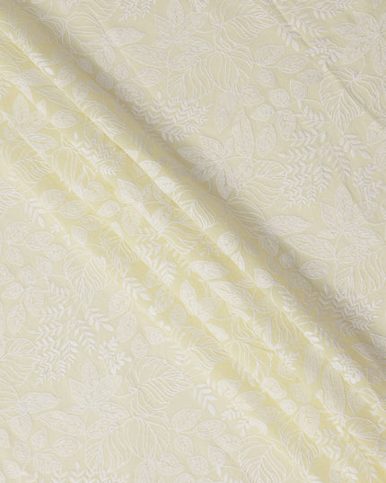 Cream Cotton Voile Leaf Embroidery Fabric, Width 110 Cms, India-D25307 Regal Fabrics