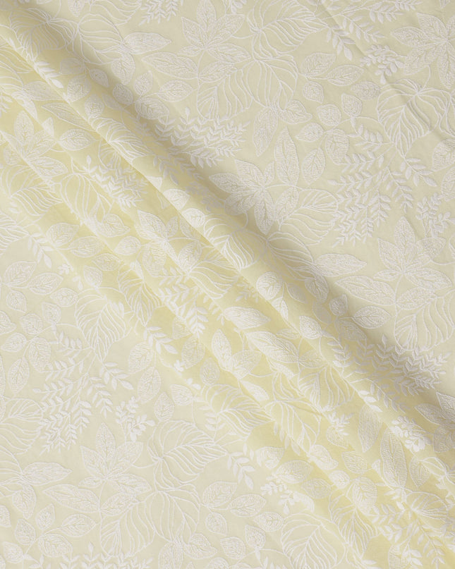 Cream Cotton Voile Leaf Embroidery Fabric, Width 110 Cms, India-D25307