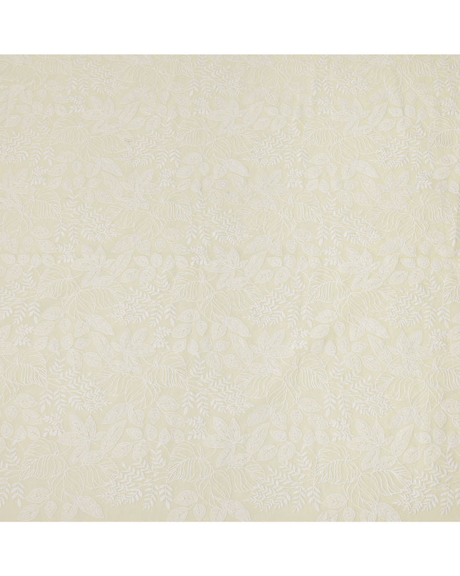 Cream Cotton Voile Leaf Embroidery Fabric, Width 110 Cms, India-D25307