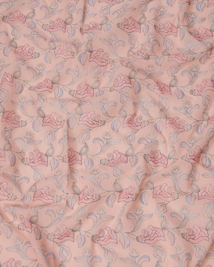 Peach Cotton Voile Embroidery Fabric with Pink Floral Vine Design, Width 110 Cms, India-D25300