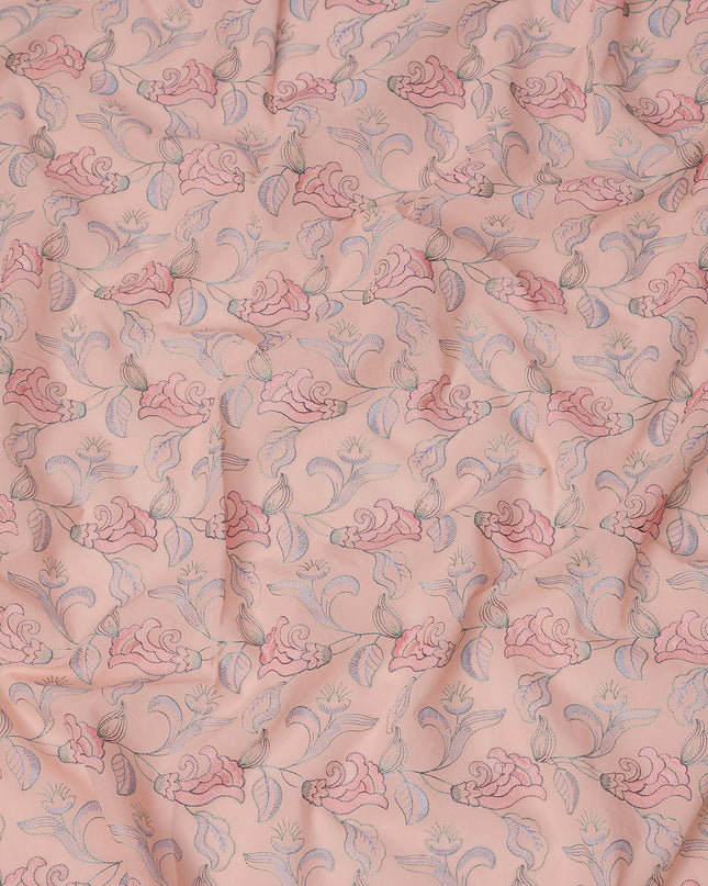Peach Cotton Voile Embroidery Fabric with Pink Floral Vine Design, Width 110 Cms, India-D25300