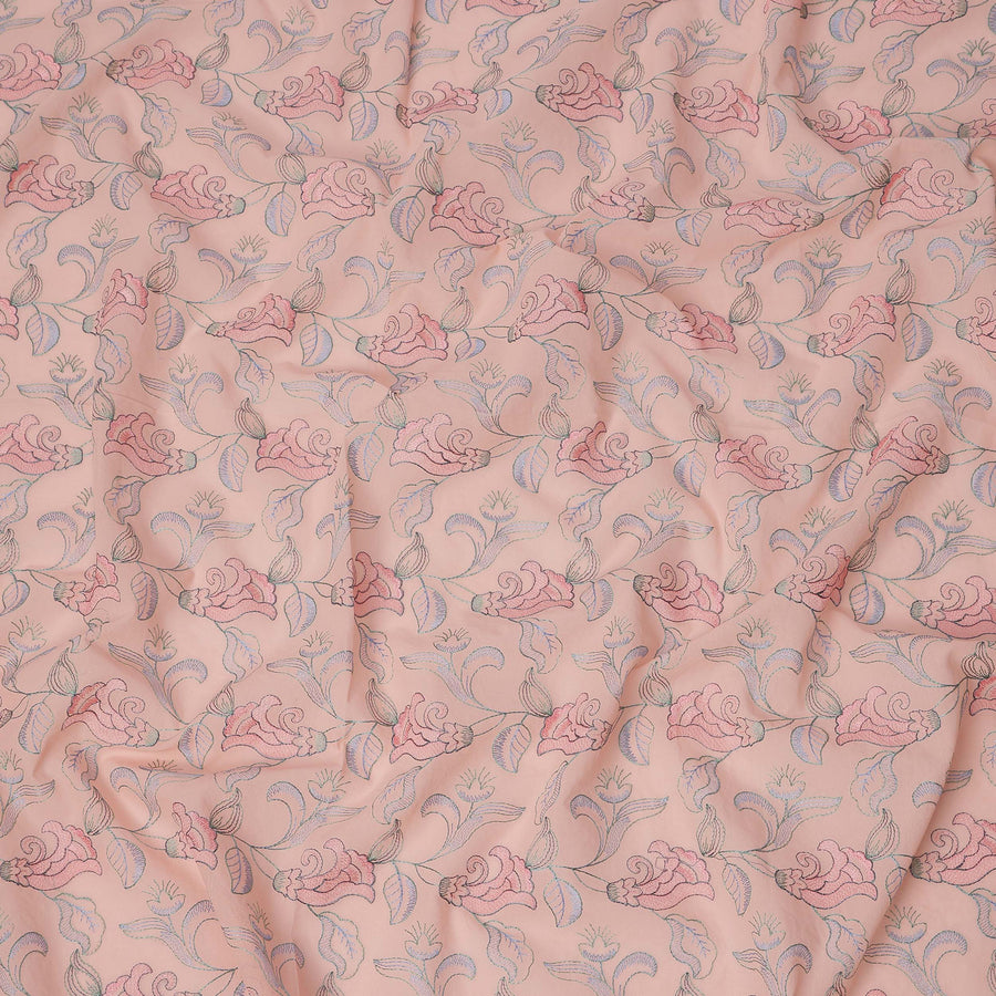 Peach Cotton Voile Embroidery Fabric with Pink Floral Vine Design, Width 110 Cms, India-D25300